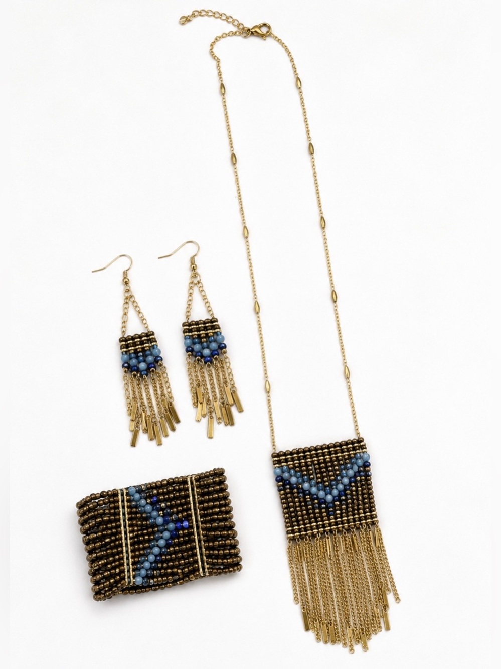 Beaded Fringe Necklace, Bracelet & Earring Set in Gold and Blue